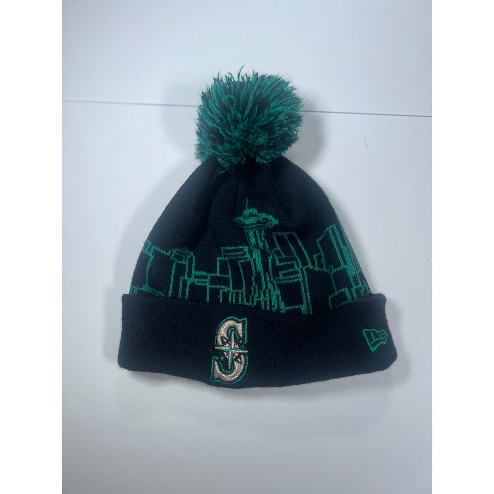 New Era Seattle Mariners Beanie Unisex OSFM Black Green Skyline Pom Knit Hat